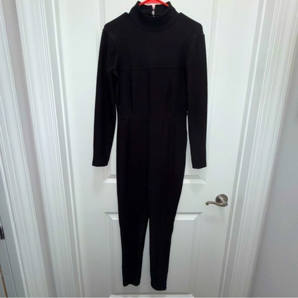 Anthropologie Black Ribbed Long Sleeve Open-Back Jumpsuit